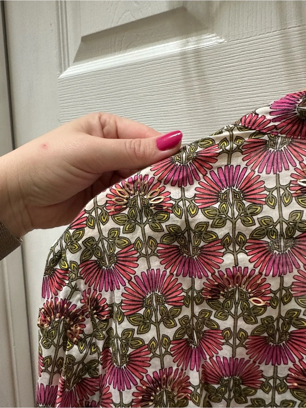Tory Burch Pink Olive Floral Long-Sleeve cotton tunic Top 8